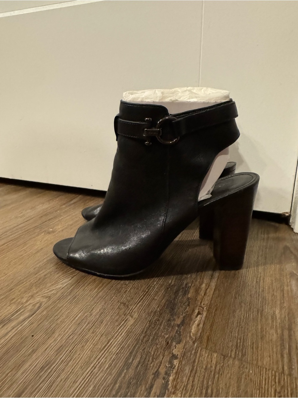 Coach Black Leather Open-Toe Ankle Booties with Buckle